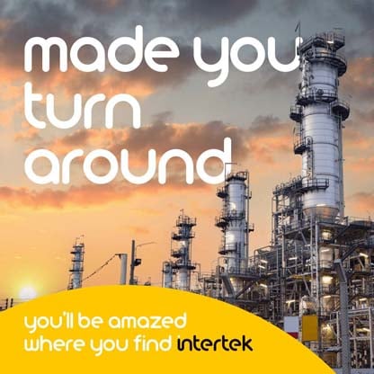 Industrial refinery with tall towers at sunset, featuring the text "made you turn around" and Intertek branding.